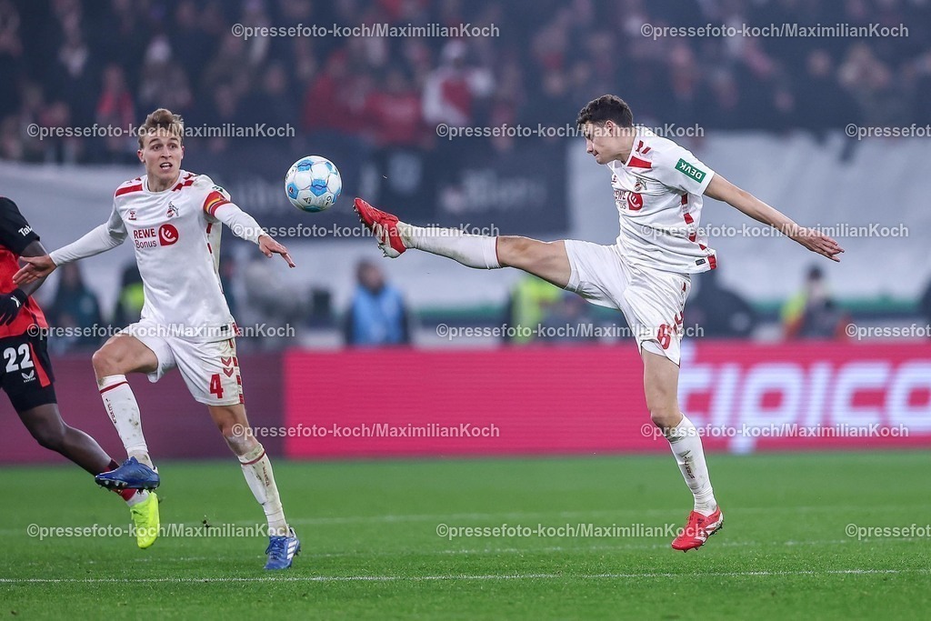 DFB05022501115 | 05.02.2025, Fußball, DFB-Pokal Viertelfinale, Bayer 04 Leverkusen - 1.FC Köln, BayArena, Saison 2024 2025: Timo Hübers (FC Köln #4) neben Eric Martel (FC Köln #6)DFB regulations prohibit any use of photographs as image sequences and or quasi-video.