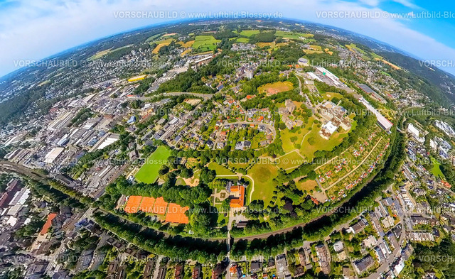 Schwelm230790286_Haus Martfeld | Luftbild, Haus Martfeld Wasserburg, Helios Klinikum Schwelm, Erdkugel, Fisheye Aufnahme, Fischaugen Aufnahme, 360 Grad Aufnahme, tiny world, Lindenberg, Schwelm, Ruhrgebiet, Nordrhein-Westfalen, Deutschland