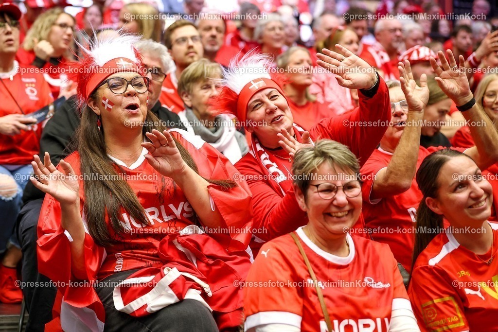 EHF16012602006 | 16.01.2026, Handball, Men's EHF EURO 2026, Dänemark - Nordmazedonien, Jyske Bank Boxen in Herning, Dänemark, Preliminary Round: Gute Laune bei den Fans der dänischen Nationalmannschaft. Die Handballfans freuen sich auf das Spiel in Herning, Feature Freude Fans Fan Zuschauer Besucher