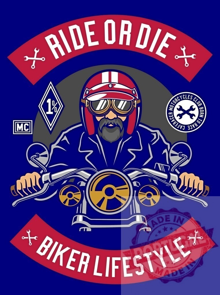 Ride or die biker lifestyle club emblem. T-Shirt design | Vintage biker wearing a helmet and goggles riding a motorcycle on a blue background - Realisiert mit Pictrs.com