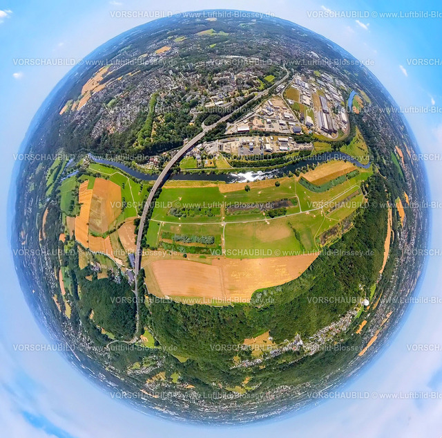 Hattingen230790261_Ruhrauen_Kemnabruecke | Luftbild, KosterBrücke über die Ruhr, Wasserschutzgebiet Ruhraue und Henrichshütte, Erdkugel, Fisheye Aufnahme, Fischaugen Aufnahme, 360 Grad Aufnahme, tiny world, Stiepel, Bochum, Ruhrgebiet, Nordrhein-Westfalen, Deutschland