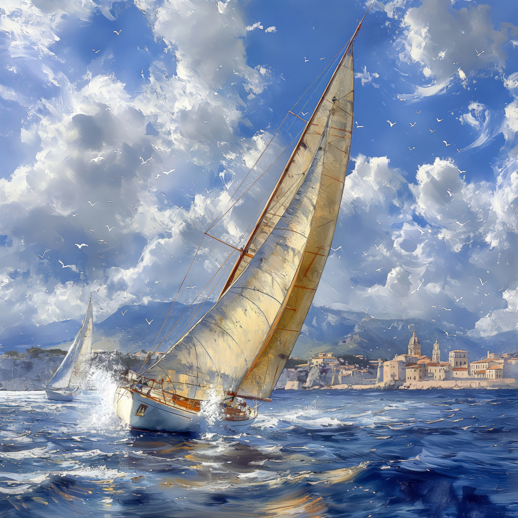 2404027 - Segeln auf dem Mittelmeer | Segelmotiv im Stil eines sommerlichen Gemäldes.