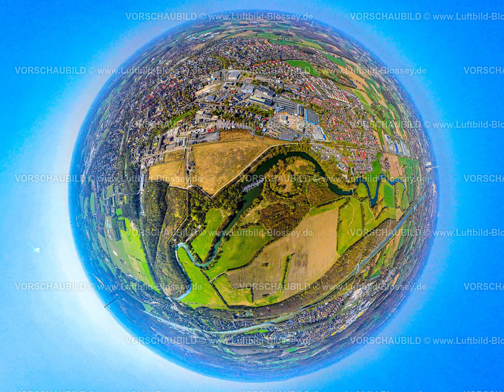 Werne250490001ZecheWaltrop | Luftbild, ehemalige. Zeche Werne Schachtanlage 1/2, Brachfläche Flöz-Zollverein-Straße, Lippeaue mit Wasserfall, Erdkugel, Fisheye Aufnahme, Fischaugen Aufnahme, 360 Grad Aufnahme, tiny world, little planet, fisheye Bild, , Werne, Ruhrgebiet, Nordrhein-Westfalen, Deutschland