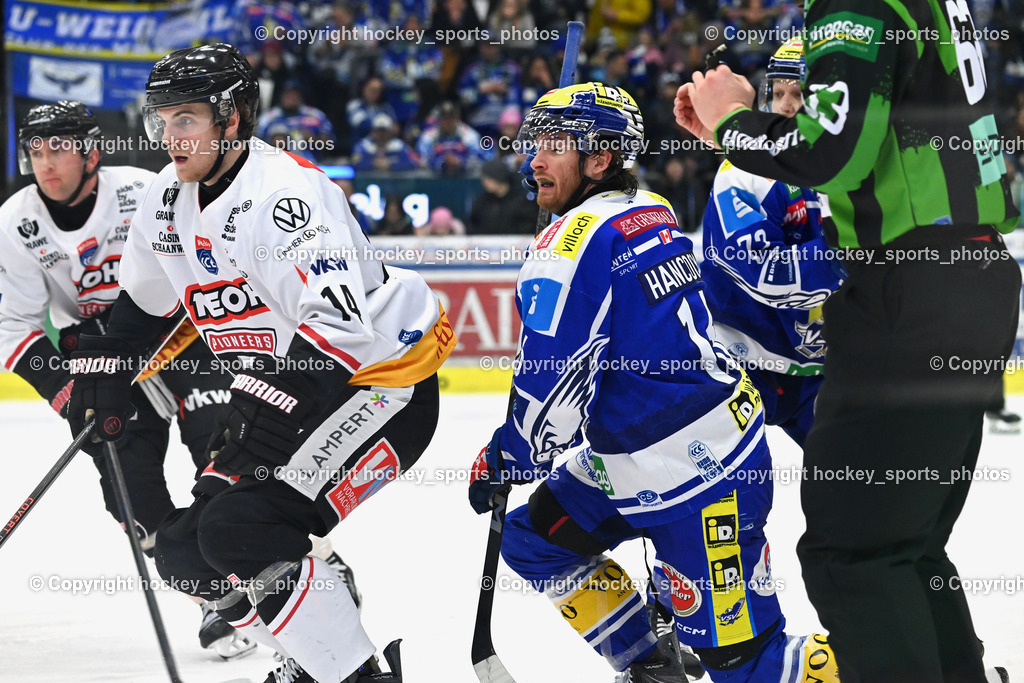 EC IDM Wärmepumpen VSV vs. Pioneers Vorarlberg | #14 Eric Florchuk Pioneers Vorarlberg, #16 Kevin Hancock EC VSV, EC IDM Wärmepumpen VSV vs. Pioneers Vorarlberg, EC IDM Wärmepumpen VSV vs. Pioneers Vorarlberg am 22.02.2026 in Villach (Stadthalle Villach), Austria, (Photo by Bernd Stefan)
