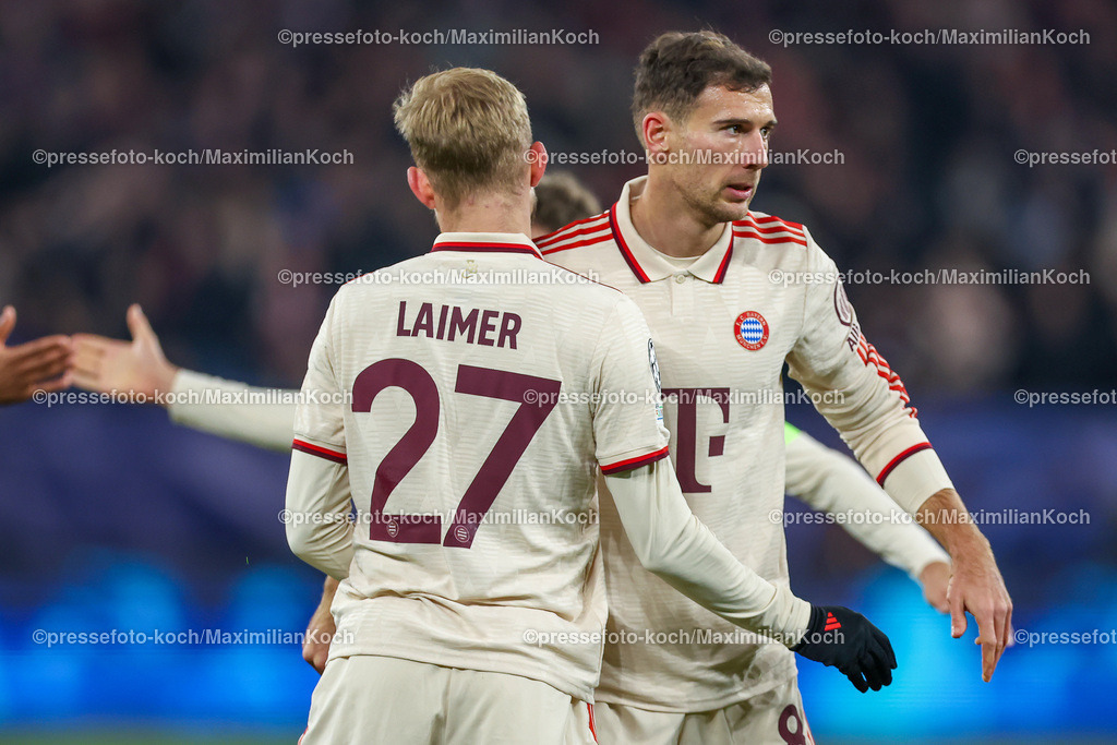 UCL10122401031 | 10.12.2024, Fußball, UEFA Champions League, Schachtar Donezk - FC Bayern München, Arena AufSchalke Gelsenkirchen, 8. Spieltag Saison 2024 2025: Torjubel nach Tor zum 1:1 durch Konrad Laimer (Bayern #27) zusammen mit Leon Goretzka (Bayern #8)DFB regulations prohibit any use of photographs as image sequences and or quasi-video.