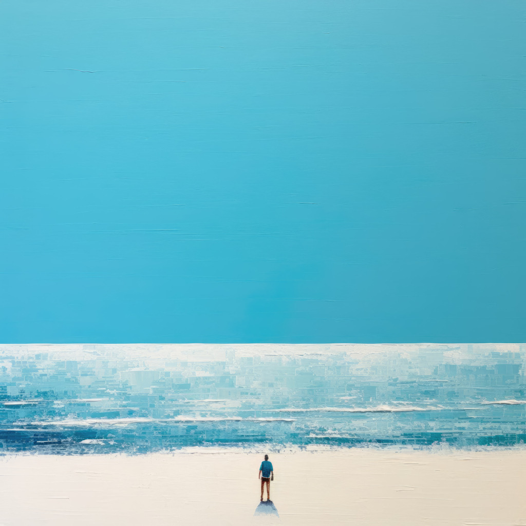 2307186 - Mann am Meer | Sehr atmosphärisches Bild eines Mannes vor einem strahlend blauem Meer, das wie ein Gemälde wirkt.