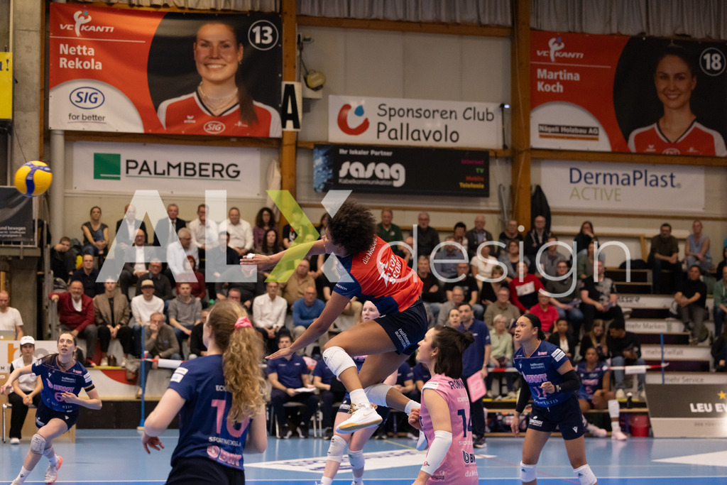 Volleyball I Frauen I Saison 2025-2026 I Volleyball NLA | Women I 1/2 Finals I  VC Kanti Schaffhausen - Sm'Aesch Pfeffingen I 18.03.2026 | 23 Emma Ellis (USA) (Sm'Aesch Pfeffingen) – Diagonalangriff - Realisiert mit Pictrs.com