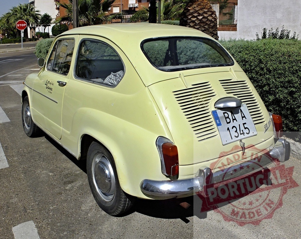 Classic Seat 600 parked on a sunny street in Spain | Yellow Seat 600 showcasing Spanish automotive history, parked on a sunny street, evoking nostalgia and a sense of timeless design - Realisiert mit Pictrs.com