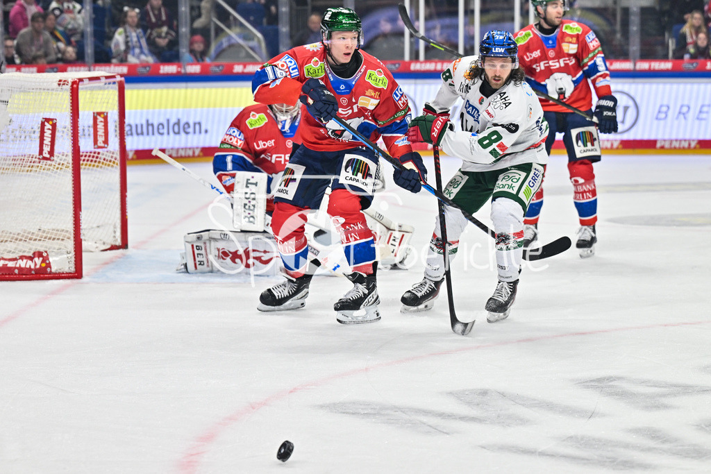 Eisbären Berlin - Augsburger Panther | BERLIN, GERMANY - 04. JANUARY: im Duell Jonas MÜLLER (Eisbären Berlin 18) und Anthony LOUIS (Augsburger Panther 18) während dem Match zwischen den Eisbären Berlin und den Augsburger Panthern am 36. Spieltag der Penny DEL in der UBER Arena
