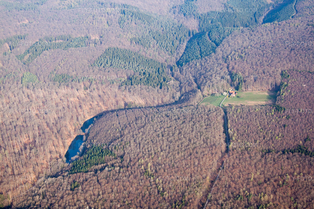 Aerial view: Vosges Nord Forestry Lodge in Mattstall in the state Bas-Rhin, France. – Photo: IMG_63690.jpg taken on 03/30/2014 by Werner Riehm/FLY-FOTO.com – Resolution of the original: 4752 x 3168 px