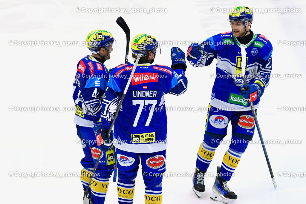 EC IDM WÄRMEPUMPEN VSV vs. EC KAC | Jubel EC VSV Mannschaft, #46 WALL Alex EC VSV, #77 LINDNER Philipp EC VSV, #26 VAN NES Guus EC VSV, EC IDM WÄRMEPUMPEN VSV vs. EC KAC, EC IDM WÄRMEPUMPEN VSV vs. EC KAC am 02.02.2025 in Villach (Stadthalle Villach), Austria, (Photo by Bernd Stefan)