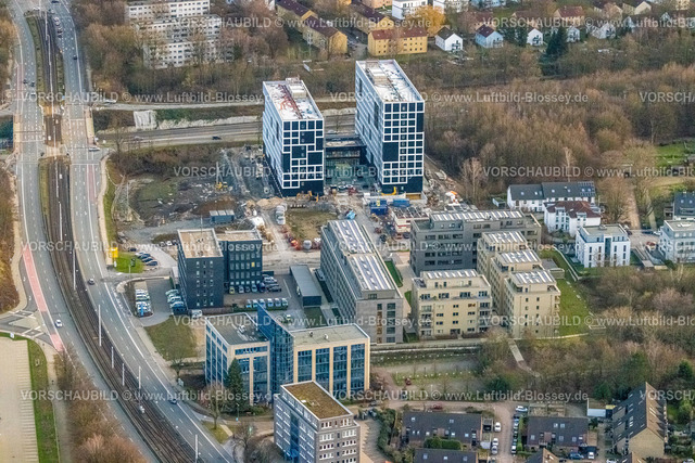 Bochum230102182 | Luftbild, Seven Stones Quartier, Baustelle und Neubau eines Gebäudekomplexes in Modulbauweise am Community Campus, Kreuzung Universitätsstraße, Wiemelhausen, Bochum, Ruhrgebiet, Nordrhein-Westfalen, Deutschland