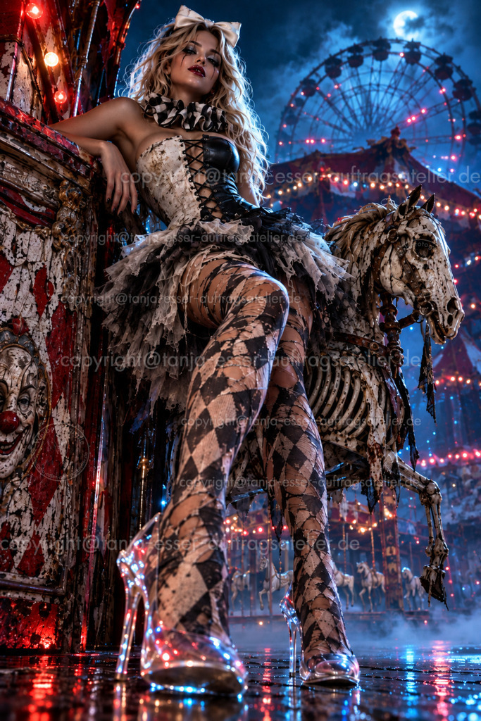Sexy Frau im Gruselfreizeitpark | Eine attraktive Frau im mystischen Harlekin Kostüm post vor einer düsteren Jahrmarkts-Kulisse mit Skelett-Karussellpferd und Riesenrad bei Nacht. Für Halloween-, Horror- und Fantasy-Themen.  Nach einer Vorlage von generativer KI.