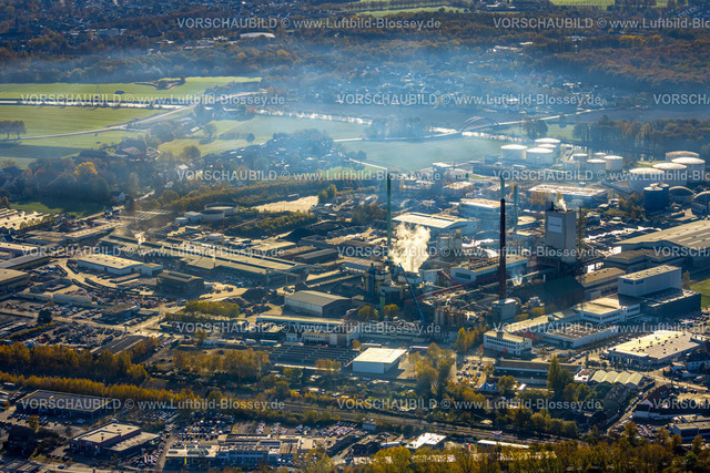 Luenen221100042Aurelia | Luftbild, Gewerbegebiet Kupferstraße mit Aurubis AG und VARO Energy Tankstorage GmbH, Nebelschwaden und Dampfwolke, Gahmen, Lünen, Ruhrgebiet, Nordrhein-Westfalen, Deutschland