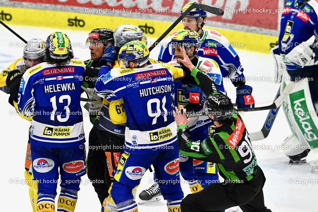 EC IDM Wärmepumpen VSV vs. Vienna Capitals | #13 Adam Helewka EC VSV, #95 Mark Katic EC VSV, HRIBAR MATJAŽ Referee, PUFF WOLFGANG Referee, #2 Dylan MacPherson EC VSV, #62 Mitch Hults Vienna Capitals, EC IDM Wärmepumpen VSV vs. Vienna Capitals, EC IDM Wärmepumpen VSV vs. Vienna Capitals am 28.01.2026 in Villach (Stadthalle Villach), Austria, (Photo by Bernd Stefan)