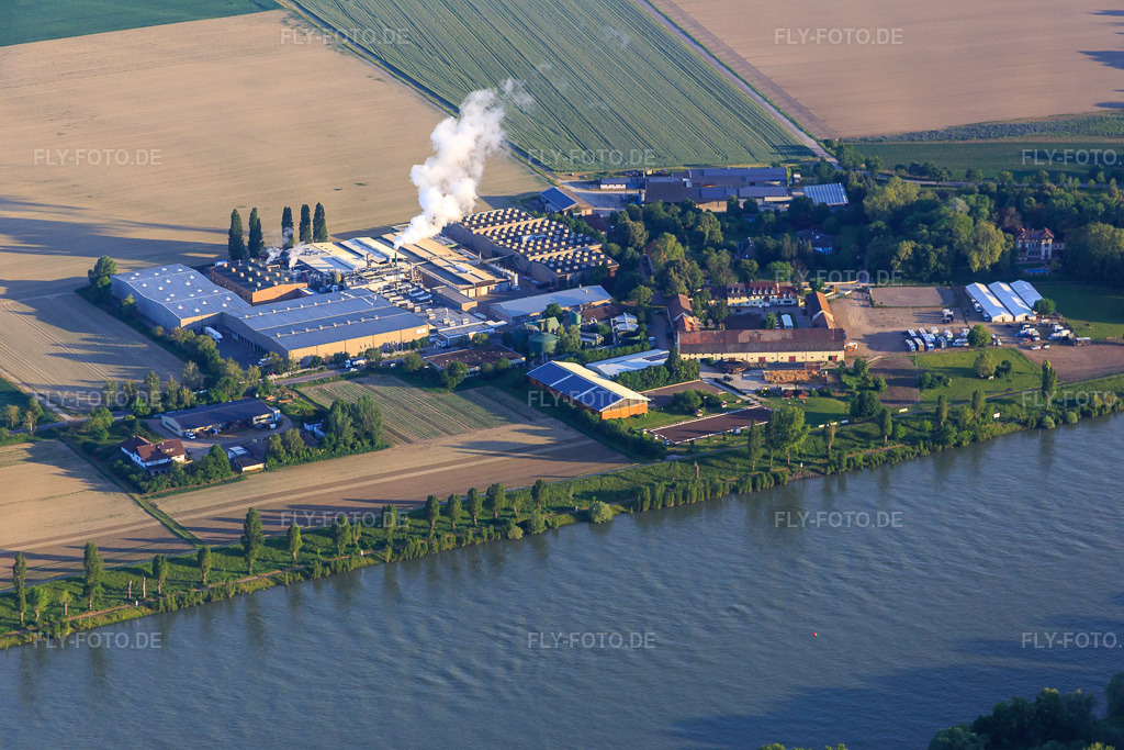Luftbild: Intersnack Deutschland SE Werk Petersau am Rheinufer und Reitanlage Carlo von Opel am Demeter Hofgut Petersau im Ortsteil Mörsch in Frankenthal im Bundesland Rheinland-Pfalz in Deutschland.Foto: IMG_088664.jpg vom 20.05.2016 durch Werner Riehm/FLY-FOTO.deWWW.HOFGUT-PETERSAU.DEWWW.INTERSNACK.DE