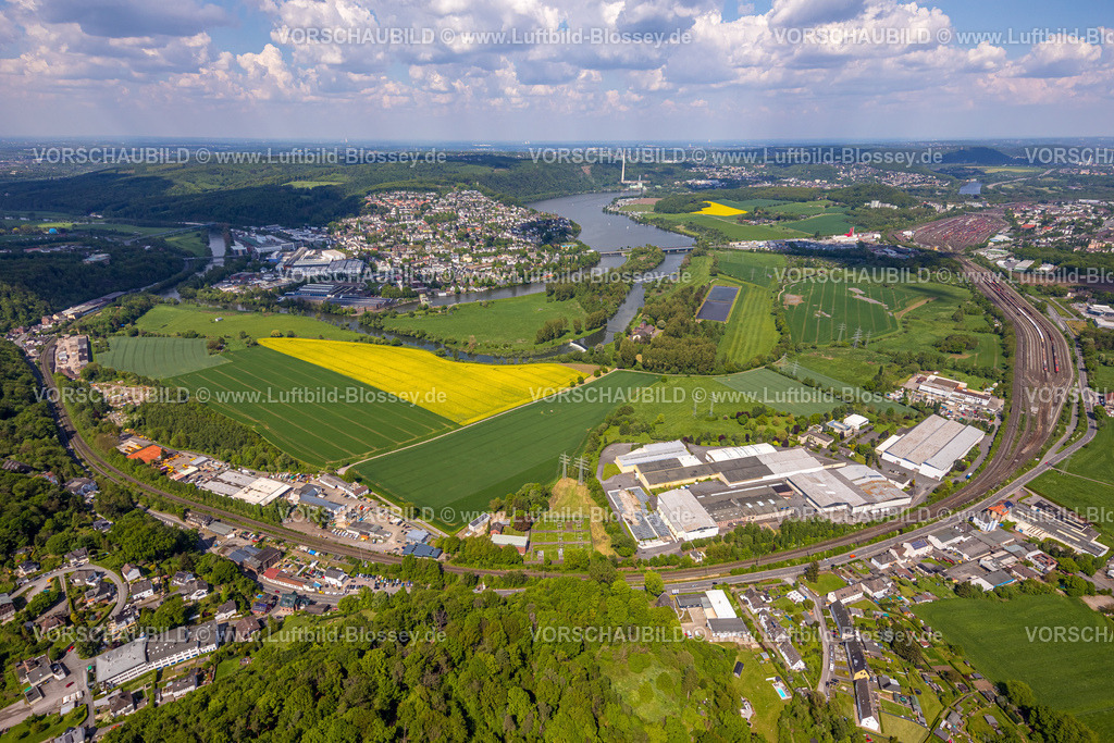 Wetter230503001 | Luftbild, Gewerbegebiet Volmarsteiner Straße, Rangierbahnhof Hagen-Vorhalle, Ortsansicht Wetter, Fluss Ruhr und Obergraben, Gemeinschaftswasserwerk Volmarstein, Harkortsee, Rapsfelder, Wetter, Ruhrgebiet, Nordrhein-Westfalen, Deutschland