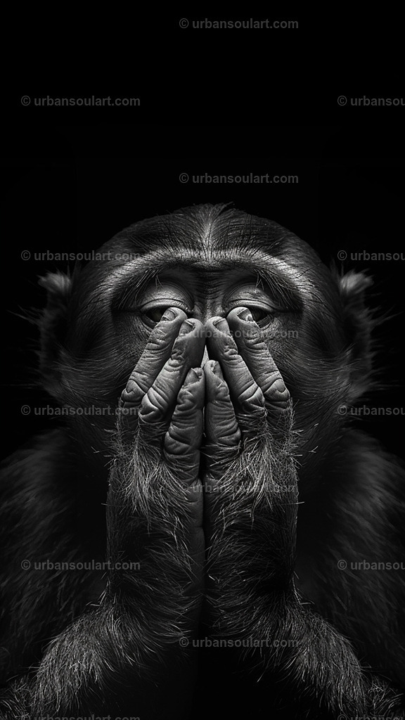 Monkey Making The Silence Gesture | A striking, black-and-white portrait of a monkey making the "speak no evil" gesture. This piece adds depth and an element of mystery, making it a captivating choice for unique decor. - Realisiert mit Pictrs.com