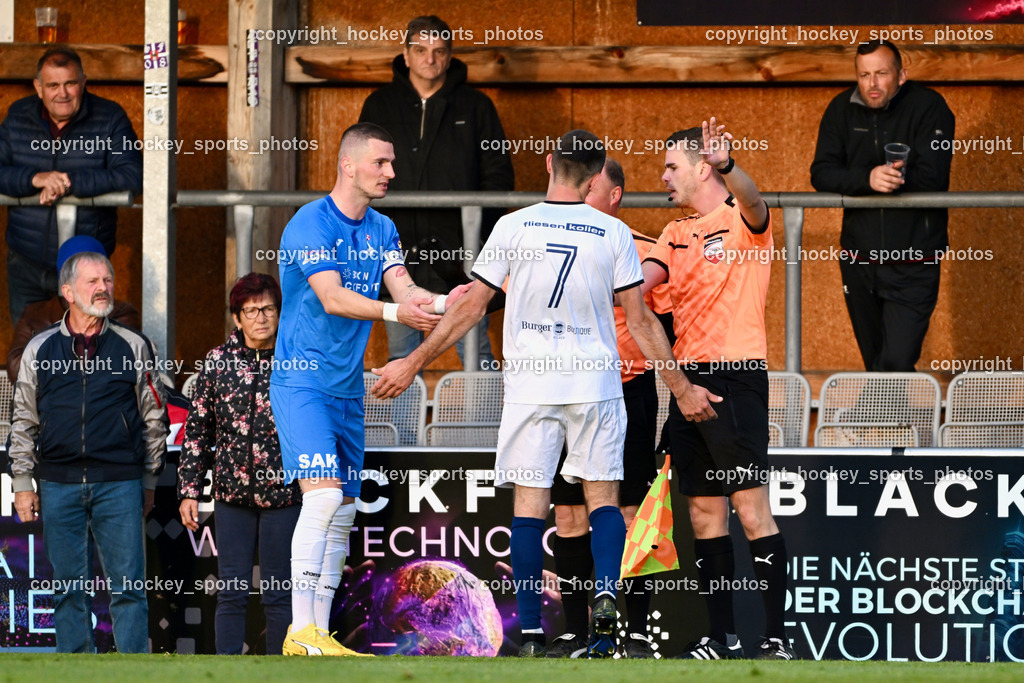 SAK vs. ATUS Velden 19.4.2024 | #24 Zoran Vukovic SAK, #7 Anel Mujkic ATUS Velden, Emanuel Johann Kulterer Referee, SAK vs. ATUS Velden 19.4.2024, SAK vs. ATUS Velden am 19.04.2024 in Klagenfurt (Sportpark Welzenegg), Austria, (Photo by Bernd Stefan)