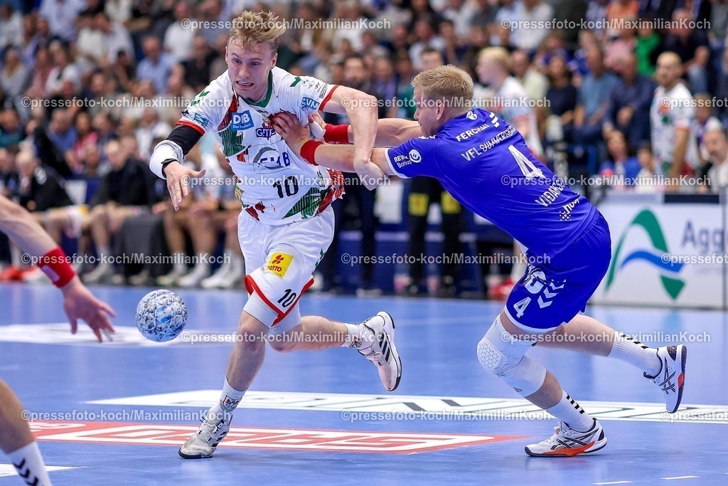 Gum15052501061 | 15.05.2025, Handball, HBL, VfL Gummersbach - SC Magdeburg, Schwalbe-Arena: Gisli Kristjansson (Magdeburg #10) gegen Ellidi Snaer Vidarsson (GUM #4) 