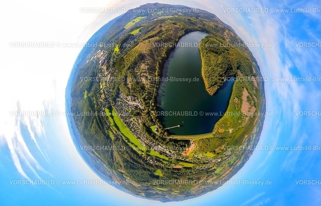 Hilchenbach230990384BreitenbachTalsperre | Luftbild, Breitenbachtalsperre mit Staumauer, Erdkugel, Fisheye Aufnahme, Fischaugen Aufnahme, 360 Grad Aufnahme, tiny world, Allenbach, Hilchenbach, Sauerland, Nordrhein-Westfalen, Deutschland