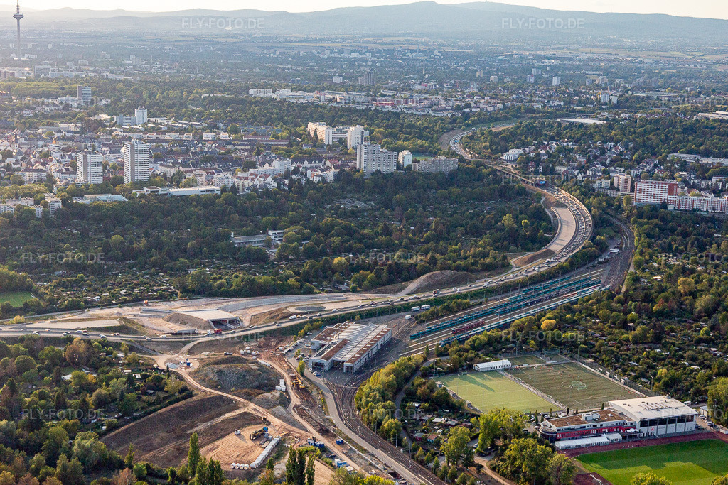 Luftbild: VGF Betriebshof Ost# im Ortsteil Seckbach in Frankfurt im Bundesland Hessen in Deutschland. Foto: IMG_117624.jpg vom 10.09.2019 durch Werner Riehm/FLY-FOTO.de