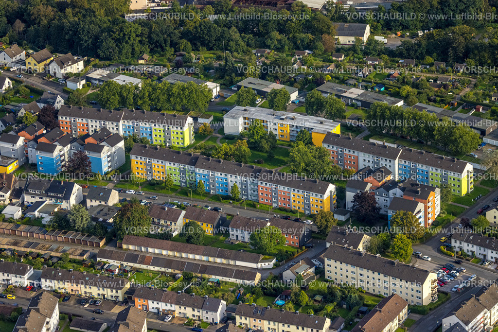 Hagen230903790 | Luftbild, Reihenhaus Wohnsiedlung mit farbigen Fassaden am Jungfernbruch, Haspe-West, Hagen, Ruhrgebiet, Nordrhein-Westfalen, Deutschland