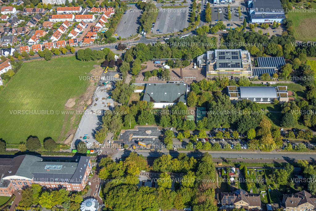 Hamm250901271 | Luftbild, Baustelle und Wiese am Freiherr-vom-Stein-Gymnasium, Eingangsbereich Maximilianpark Hamm, Uentrop, Hamm, Ruhrgebiet, Nordrhein-Westfalen, Deutschland
