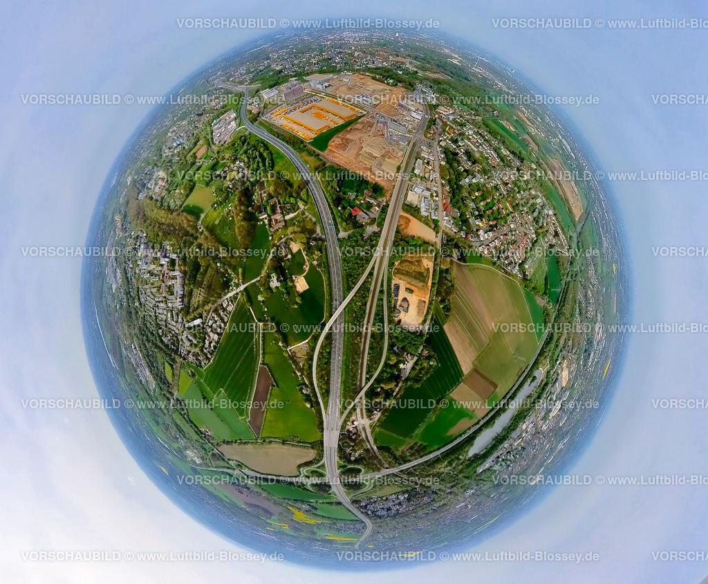 Bochum240490017OPEL_Mark51 7 | Luftbild, Großbaustelle Mark 51/7, O-Werk Campus und Neubau Wissenschafts- und Technologiequartier, ehemaliges Opel Areal an der Autobahn A448, Erdkugel, Fisheye Aufnahme, Fischaugen Aufnahme, 360 Grad Aufnahme, tiny world, little planet, fisheye Bild, Laer, Bochum, Ruhrgebiet, Nordrhein-Westfalen, Deutschland