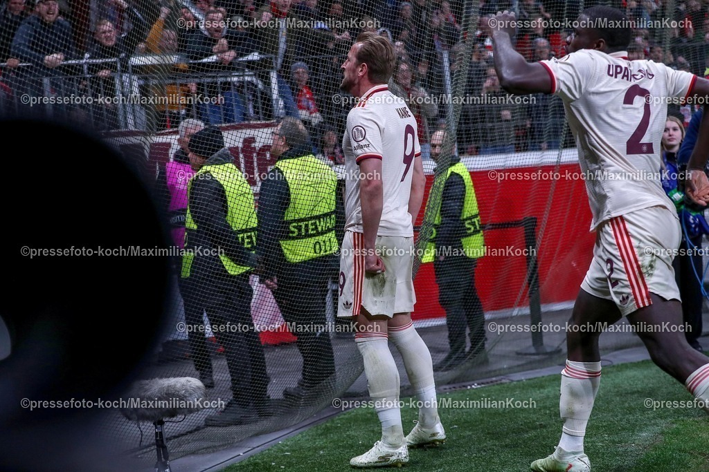 UCL11032502418 | 11.03.2025, Fußball, UEFA Champions League, Bayer 04 Leverkusen - FC Bayern München, Achtelfinale Rückspiel, BayArena, Saison 2024 2025: Torjubel nach dem 1:0 durch Torschütze Harry Kane (FC Bayern #9)DFB regulations prohibit any use of photographs as image sequences and or quasi-video.