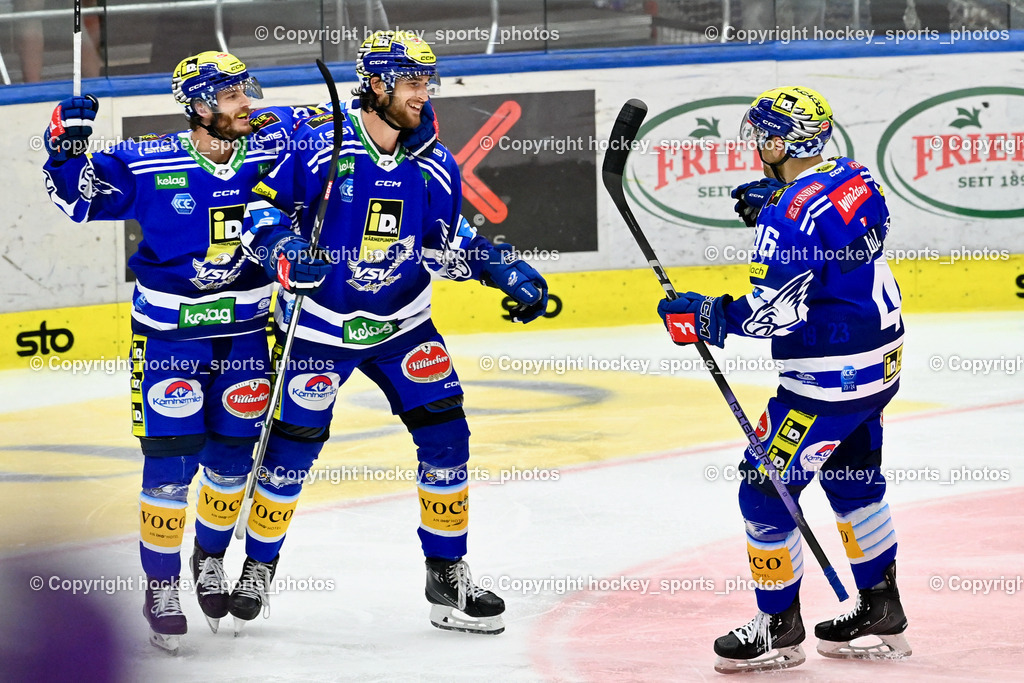 EC IDM Wärmepumpen VSV vs. HC Bozen 19.9.2023 | #9 RAUCHENWALD Alexander, #8 REBERNIG Maximilian,  #46 WALL Alex,  Jubel EC VSV Mannschaft, win2day icehockeyleague, EC IDM Wärmepumpen - HC Bozen  am 19.09.2023 in Villach (Stadhalle Villach), Austria, (Photo by Bernd Stefan)