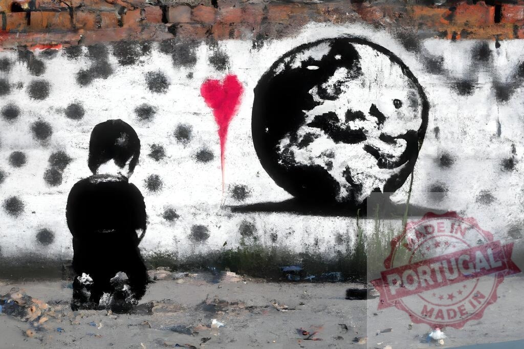 Child kneeling seeing planet earth and heart graffiti. Banski Style | Child kneeling on dirty ground watching a world globe and dripping red heart graffiti - Realized with Pictrs.com