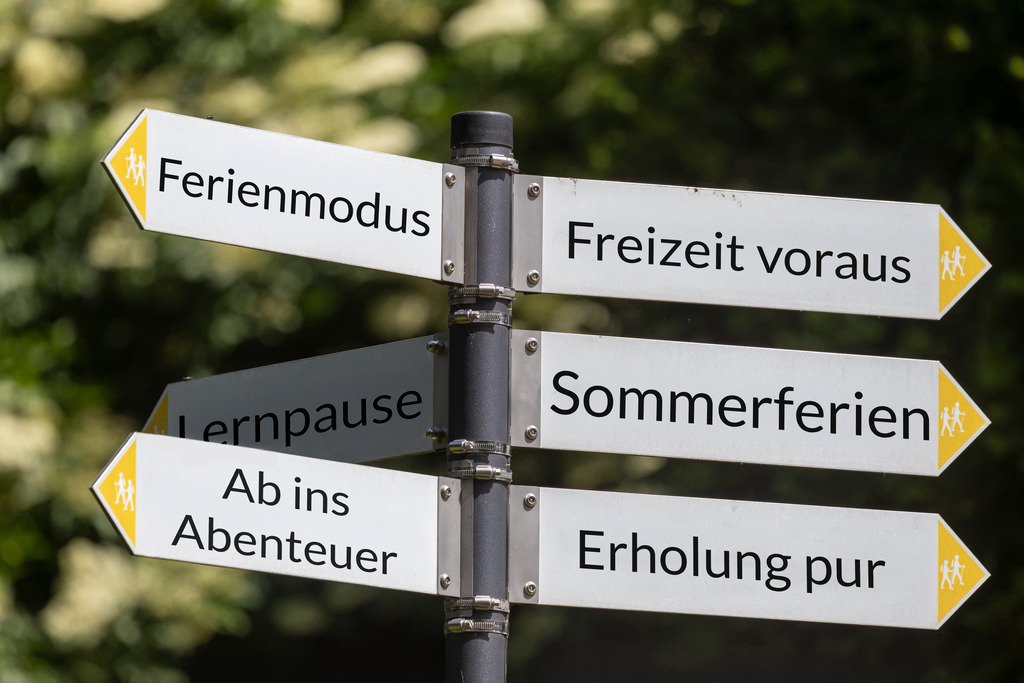 Sommerferien voraus - Grußkarte zum Start der Ferien | Wanderschild zeigt in verschiedene Richtungen mit Begriffen zum Thema Schulferien - Realisiert mit Pictrs.com