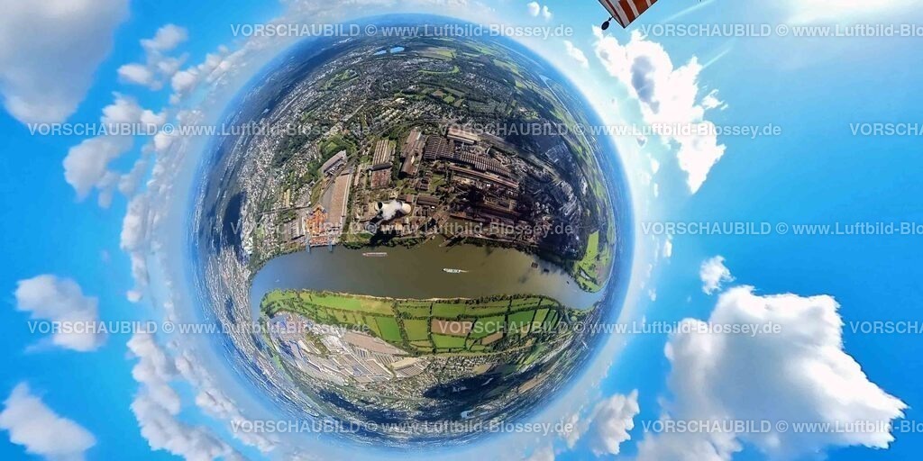 Duisburg241090038HKM | Luftbild, logport II (zwei) am Fluss Rhein, Stahlwerk HKM Hüttenwerke Krupp Mannesmann GmbH, Erdkugel, Fisheye Aufnahme, Fischaugen Aufnahme, 360 Grad Aufnahme, tiny world, little planet, fisheye Bild, Hüttenheim, Duisburg, Ruhrgebiet, Nordrhein-Westfalen, Deutschland