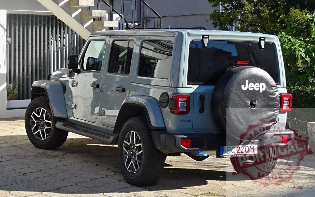Jeep Wrangler parked on paving stones in daylight | New light blue Jeep Wrangler parked on paving stones next to a modern building - Realized with Pictrs.com