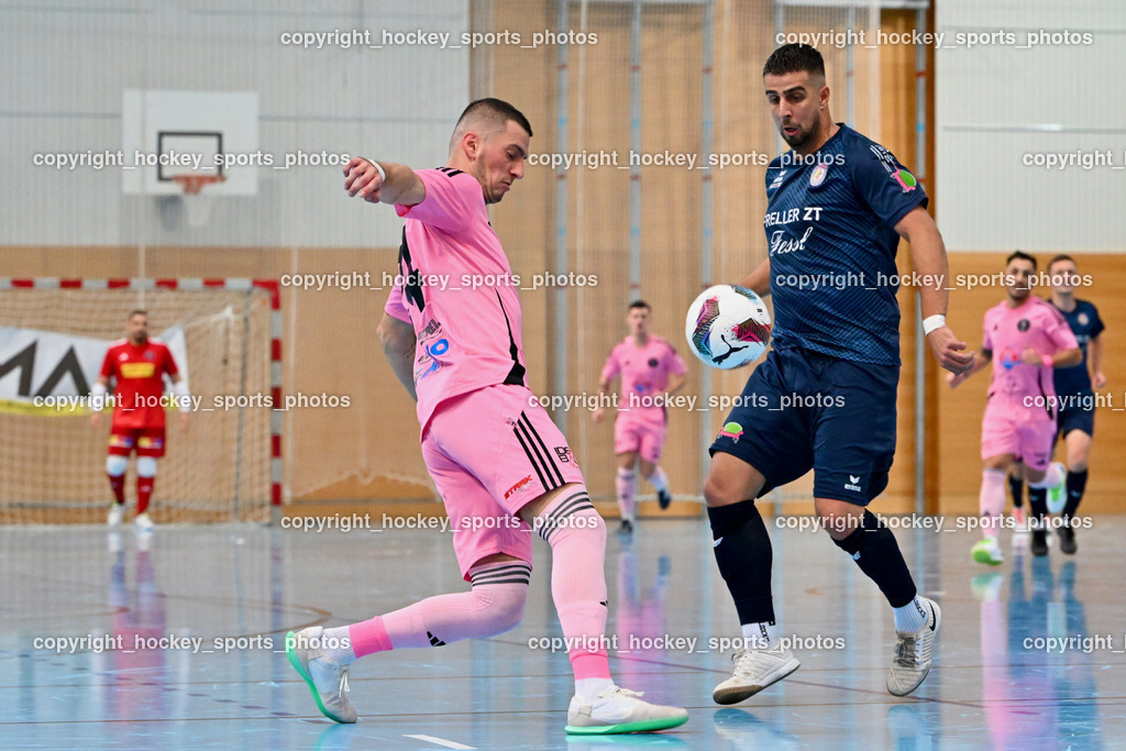 Carinthia Flamengo Futsal Club vs. LPSV-K | #24 Zoran Vukovic Carinthia Flamengo, #11 Beldin Duric LPSV-K, Carinthia Flamengo Futsal Club vs. LPSV-K, Carinthia Flamengo Futsal Club vs. LPSV-K am 03.11.2024 in Klagenfurt (Ballspielhalle Viktring), Austria, (Photo by Bernd Stefan)