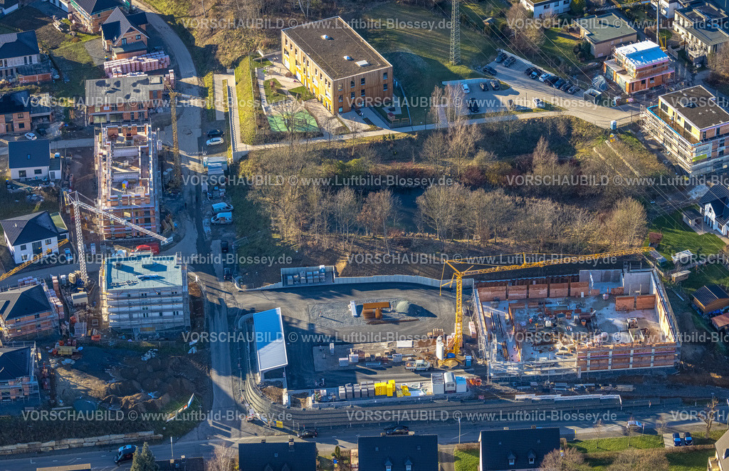 Meschede230206015 | Luftbild, Baustelle und Neubaugebiet Ziegelei II mit AWO KIndergarten in Holzbauweise, Meschede-Stadt, Meschede, Sauerland, Nordrhein-Westfalen, Deutschland