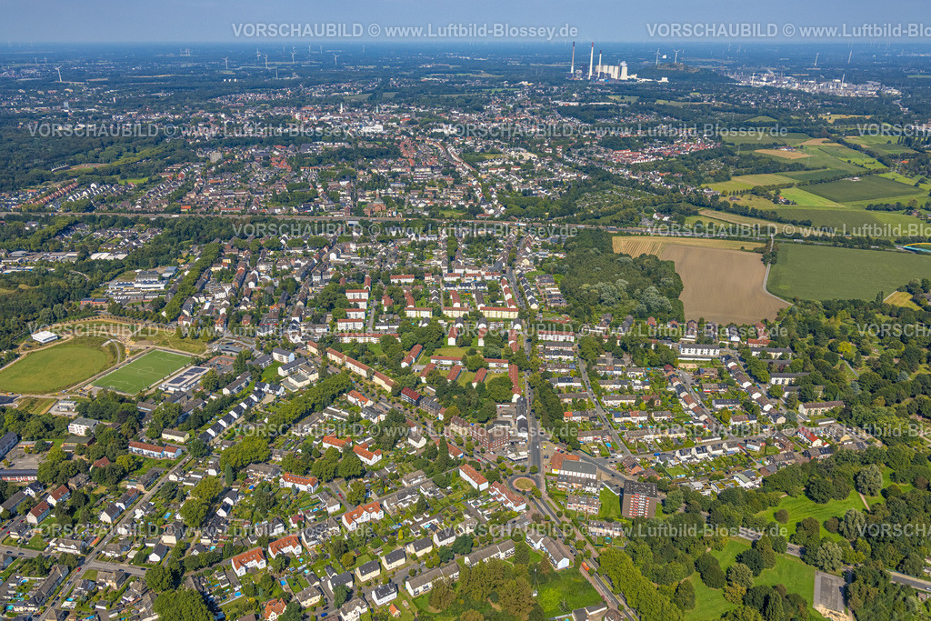Gladbeck240807005 | Luftbild, Wohngebiet Wohnsiedlung Brauck, Brauck mit Blick nach Gladbeck City und Kraftwerk Scholven, Gladbeck, Ruhrgebiet, Nordrhein-Westfalen, Deutschland