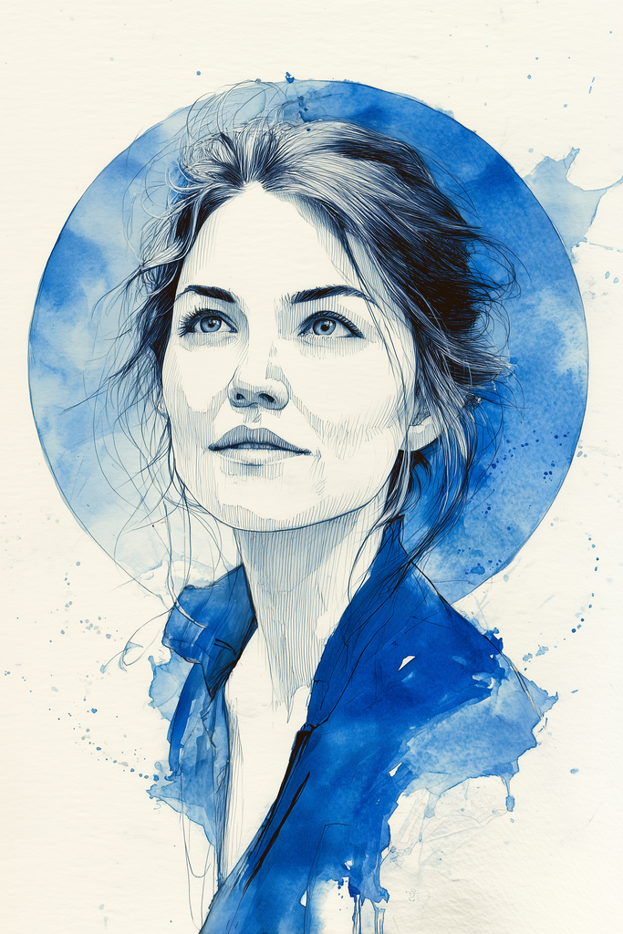 Poster: HER ECHO – The Mind | Nachdenkliches Frauenportrait im Aquarellstil mit königsblauem Farbkreis aus der Poster-Serie HER ECHO. - Realisiert mit Pictrs.com