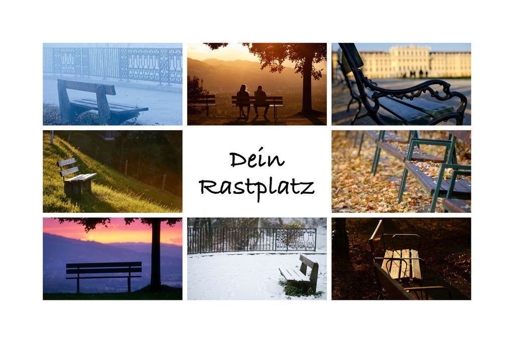 Fotocollage Dein Rastplatz | Stockfotografie und Reportagefotos, geeignet für Medien und Presse als Download (inkl. Redakteur-Zugang), sowie als Deko- Schmuck- und Wandbilder. Handgemacht und 100% KI frei. - Realisiert mit Pictrs.com