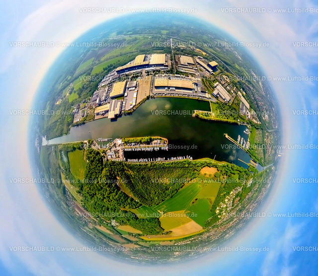 Herne240590003GewerbegebietGrosserFriedrich | Luftbild, Gewerbegebiet Friedrich der Große am Rhein-Herne-Kanal, Herner Meer mit Yachthafen für Sportboote, Erdkugel, Fisheye Aufnahme, Fischaugen Aufnahme, 360 Grad Aufnahme, tiny world, little planet, fisheye Bild, Horsthausen, Herne, Nordrhein-Westfalen, Deutschland