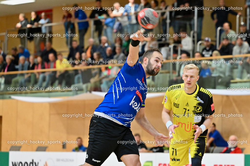 SC Ferlach vs. Bregenz Handball | #57 LEBAN Patrik SC Ferlach, #71 Schröder Andreas Bregenz Handball, SC Ferlach vs. Bregenz Handball, SC Ferlach vs. Bregenz Handball am 28.09.2024 in Ferlach (Ballspielhalle Ferlach), Austria, (Photo by Bernd Stefan)