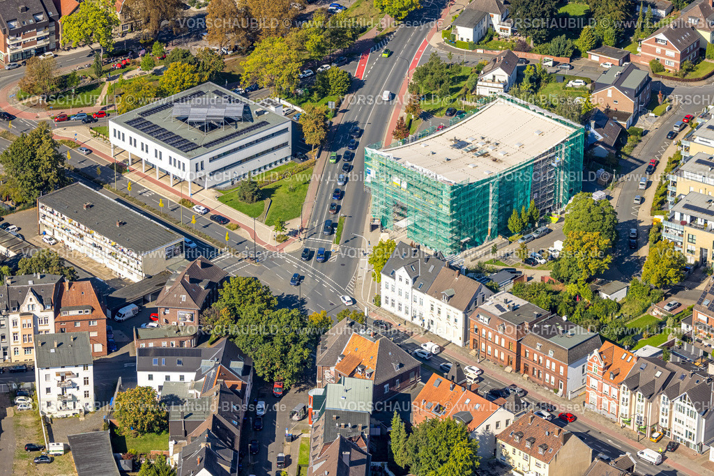 Hamm250901832 | Luftbild, Städtische Musikschule Hamm, verhülltes Gebäude und Baustelle mit Neubau, Straßenkreuzung Ostenallee und Nordring, Firmengebäude p:os handels GmbH,  Mitte, Hamm, Ruhrgebiet, Nordrhein-Westfalen, Deutschland