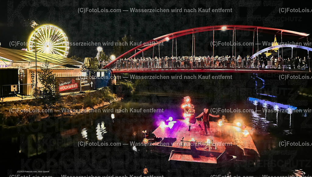 0464_Luftbild_VOLKSFEST-Wlbg_InselFeuer-Show | (C)FotoLois.com, Alois Spandl, Luftbild, Wieselburger VOLKSFEST neu, Feuershow auf der Erlaufinsel unter den Brücken, Do 29. Juni 2023.