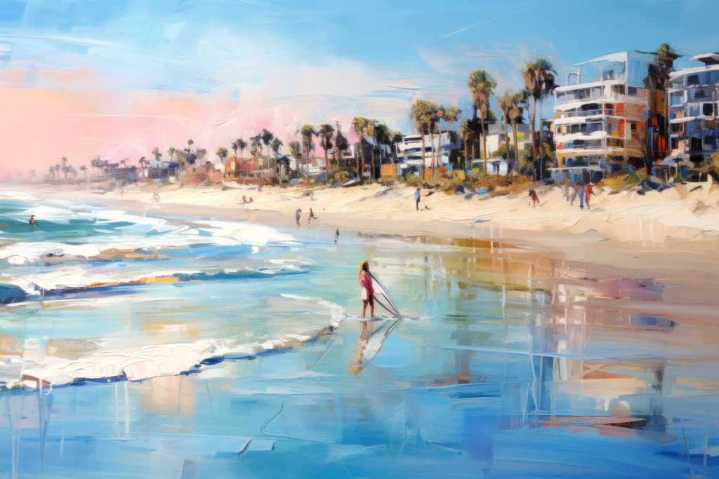 22307221 - Venice Beach | Wunderschöne Lichtstimmung am Venice Beach. Bestellen Sie unsere abstrakten digitalen Gemälde als hochwertige Kunstdrucke auf Leinwand, Acrylglas, Dibond oder als Poster.