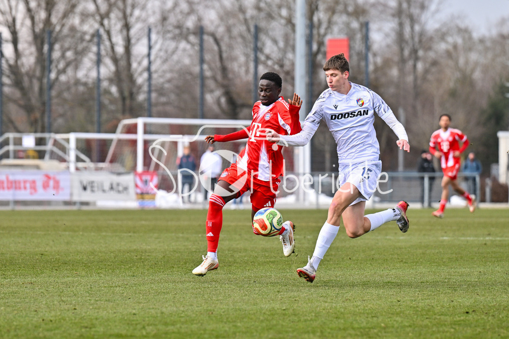 FC Bayern Amateure - FC Viktoria Pilsen U23 | MUNICH, GERMANY - 03. FEBRUARY: im Duell Bajung DARBOE (FC Bayern München II 9) und einem Spieler von Viktoria Pilsen während dem Testspiel zwischen den Amateuren des FC Bayern und dem FC Viktoria Pilsen B am FC Bayern Campus