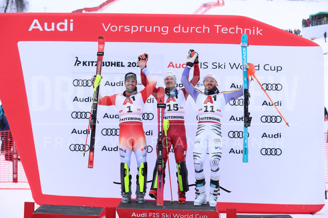 Audi FIS Ski World Cup: Men’s Slalom – Hahnenkamm Race, Kitzbuehel | Kitzbuehel, Austria, 25.Jan.26 - Alpine Skiing - FIS World Cup, Hahnenkamm Race, Slalom, men. The image shows MEILLARD Loic (SUI, Rossignol), FELLER Manuel (AUT, Atomic) and STRASSER Linus (GER, Head).