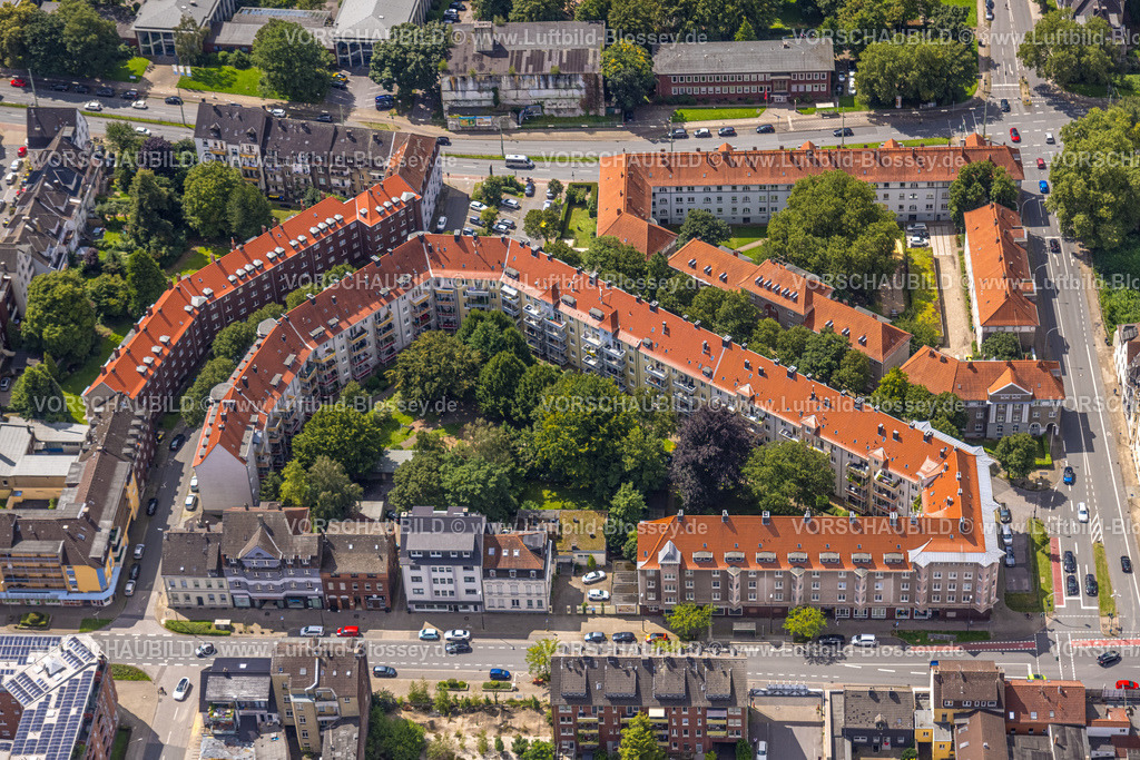 Herne230802649 | Luftbild, Wohnsiedlung mit roten Dächern und mit grüner Inneraumbepfanzung an der Goebenstraße, zwischen Westring und Bahnhofstraße, Baukau, Herne, Ruhrgebiet, Nordrhein-Westfalen, Deutschland