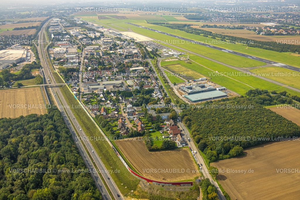 Dortmund230901193 | Luftbild, Flughafen Dortmund Airport und Gewerbegebiet, Baustelle für ein neues Polizeigebäude, Flughafenring Ecke Zeche-Norm-Straße auf ehemaligem Parkplatz P3, Wickede, Dortmund, Ruhrgebiet, Nordrhein-Westfalen, Deutschland