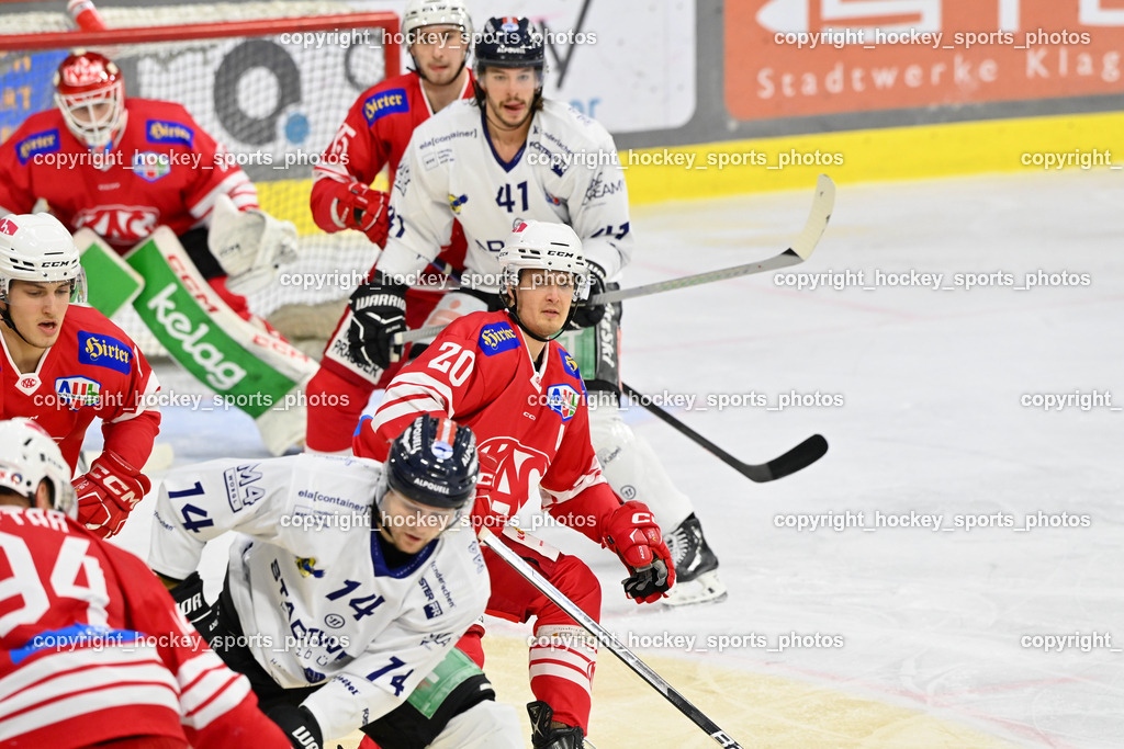 EC KAC Future Team vs. Die Adler Kitzbühl 7.10.2023 | #14 Niemelä Joonas Mikael EC Kitzbühel, #20 Pilloni Yannic EC KAC FUTURE TEAM, #41 Szabad Kevin EC Kitzbühel, #15 Slibar Ozbe, EC KAC Future Team vs. Die Adler Kitzbühl 7.10.2023, EC KAC Future Team vs. Die Adler Kitzbühl am 07.10.2023 in Klagenfurt (Messehalle Klagenfurt), Austria, (Photo by Bernd Stefan)